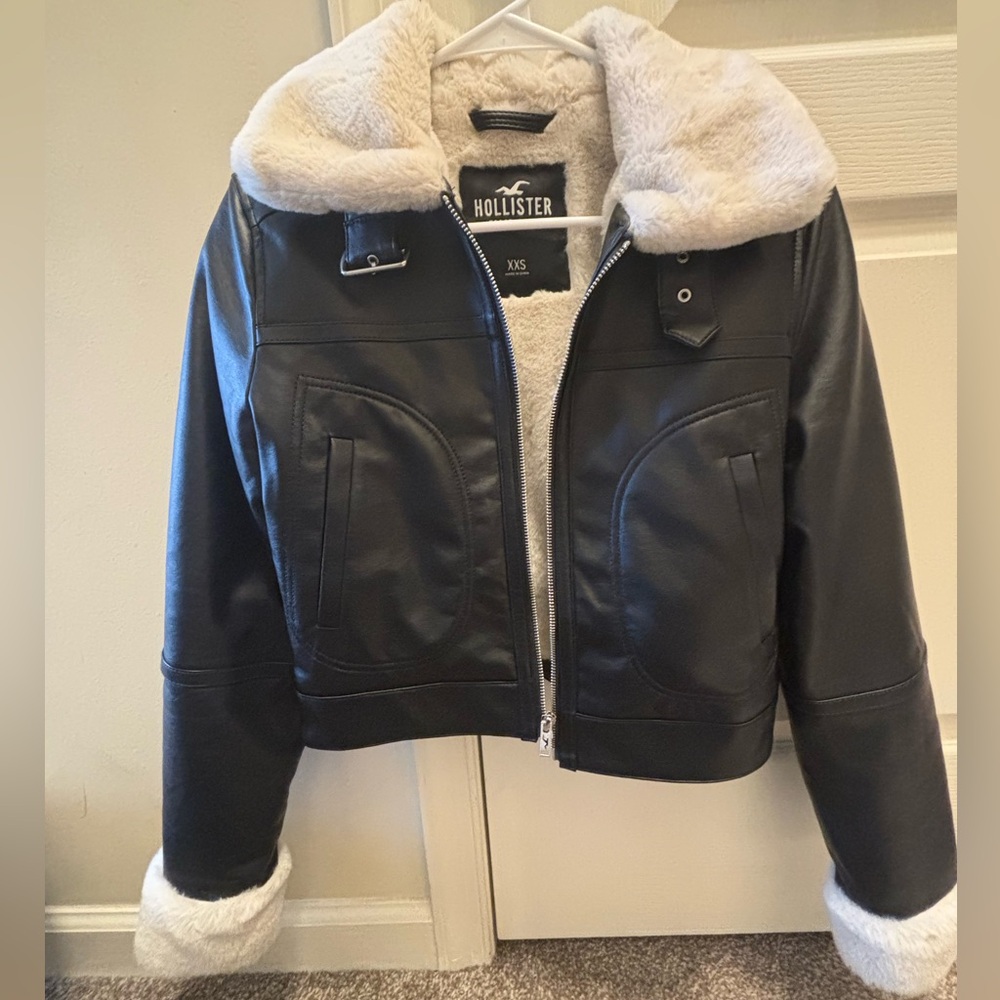 Hollister Black Faux Leather Jacket with fur Lining